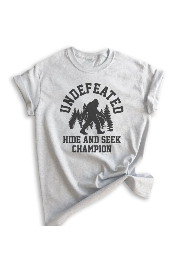 Undefeated Hide and Seek Champion Shirt, Unisex Women's Men's Shirt, Bigfoot Yeti, Sasquatch, Squatch Tee, Heather Ash, X-Small