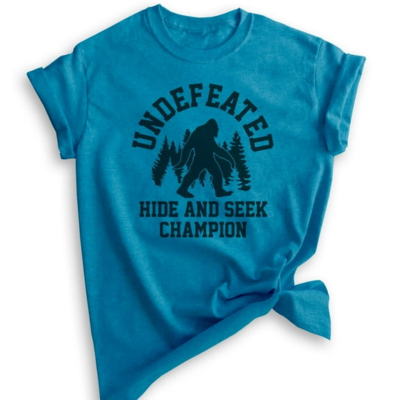 Undefeated Hide and Seek Champion Shirt, Unisex Women's Men's Shirt, Bigfoot Yeti, Sasquatch, Squatch Tee, Heather Blue, Medium