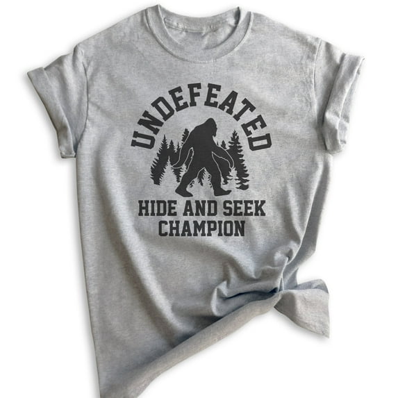 Undefeated Hide and Seek Champion Shirt, Unisex Women's Men's Shirt, Bigfoot Yeti, Sasquatch, Squatch Tee, Heather Gray, Small