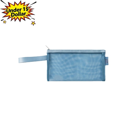 Under 1$ Dollar Clear Mesh Handheld Pencil case,Pencil Box, Thickened Portable Zipper Storage Pouch Organizer Classroom Office Home Travel,Blue