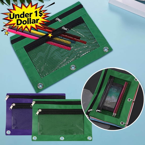 Under 1$ Dollar Pencil Pouch for 3 Ring Binder - 3 Hole Zipper Pen Case Bag Holder Bulk Accessories Clear Window Aesthetic Organizer Pockets