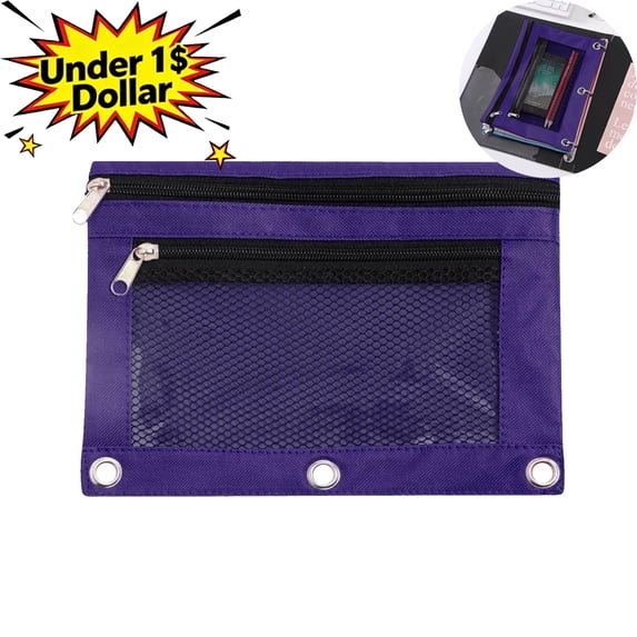 Under 1$ Dollar Pencil Pouch for 3 Ring Binder - 3 Hole Zipper Pen Case Bag Holder Bulk Accessories Clear Window Aesthetic Organizer Pockets
