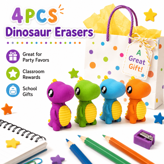 Under 1$ Erasers, 4Pcs Cute Soft Sliding Pencil Eraser Retractable Dinosaur-Shaped Erasers in Assorted Colors, Office Supplies