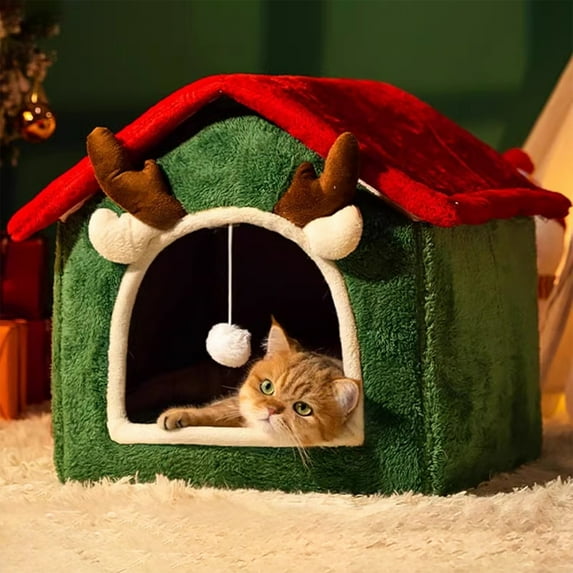 Under $1! PEONAVET Christmas Cat House Large Green Cat Bed Tent for Indoor Cat Winter Warm Washable Xmas Cave Beds for Cats and Small Dogs
