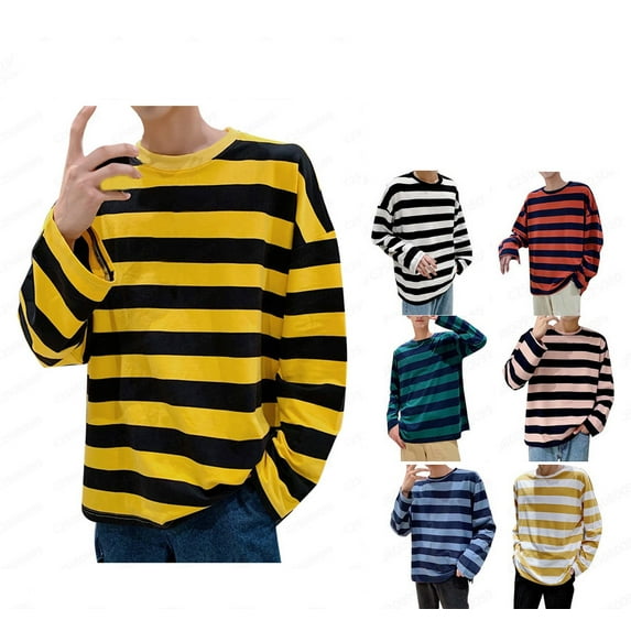 Teyfeniy Stripe Color Matching Shirts for Men Crew Neck Trendy Long Sleeve Tops Fashion Casual Shirts Athletic Outwear for Spring/Summer/Fall