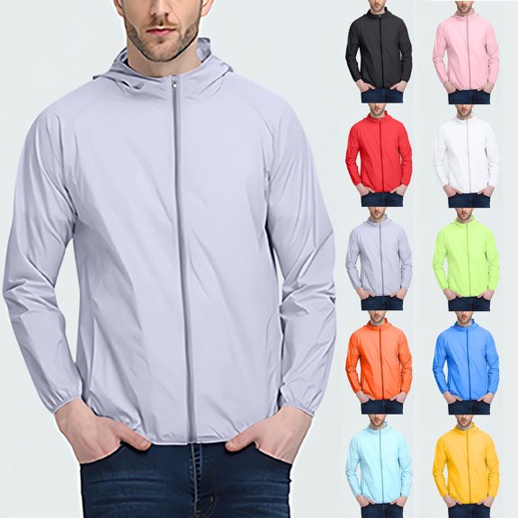 Teyfeniy Sun Protection Hooded Jacket for Men Solid Color Athletic Jacket Long Sleeve Zipper Lightweight Casual Cozy for Hiking Running Golf Sports