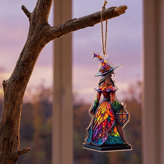 Under 1 dollar Halloween Savings 2D Stained Glass Style Witch Hanging Ornament Window Tree Decor Pendant Halloween Decorations indoor Outdoor