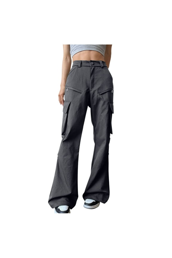Under $10 Cargo Pants for Women Trendy High Waisted Flare Pants Straight Wide Leg Y2K Casual Bell Bottom Trousers with Pockets