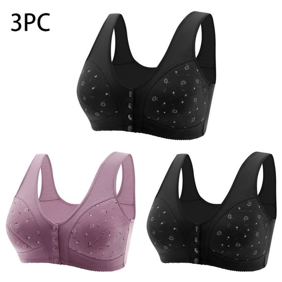 Rciityk Purple 3PC Front Closure Bras for Women No Underwire Comfortable Breathable Senior Wireless Snap Closing Push Up Bra Everyday Bras