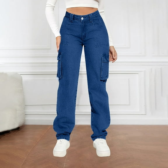 Dgankt Women’s Wide Leg Pants Ladies' Mid Waist Pocket Workwear Casual Straight Leg Denim Pants