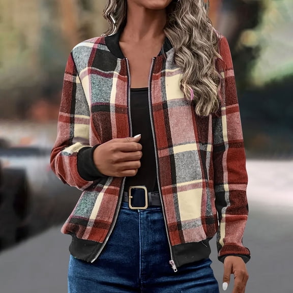 Under10 EGNMCR Womens Cropped Plaid Jacket Stand Collar Long Sleeve Zip Up Shackets Bomber Jacket Coats with Pockets Fall Winter