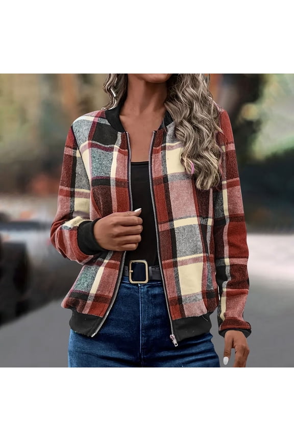 Under10 EGNMCR Womens Cropped Plaid Jacket Stand Collar Long Sleeve Zip Up Shackets Bomber Jacket Coats with Pockets Fall Winter
