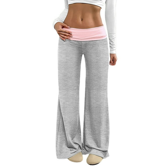 Under $10 Fold Over Yoga Pants for Women Low Rise Straight Leg Sweatpants Y2k Color Block Stretchy Loose Lounge Leggings