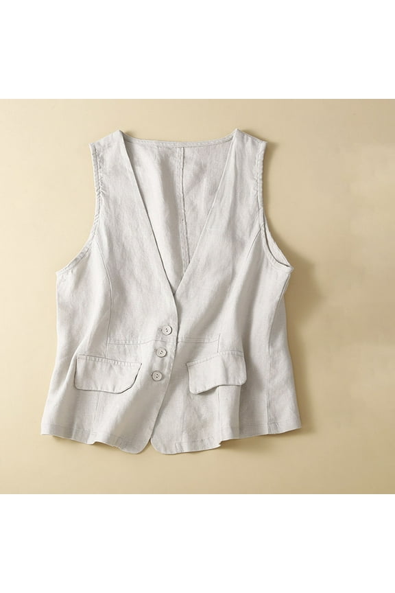 Under $10 HOZADOIE Plus Size Vest For Women Linen Tank Tops Vests Button Down Sleeveless Jackets Fall Lightweight Casual Outwear