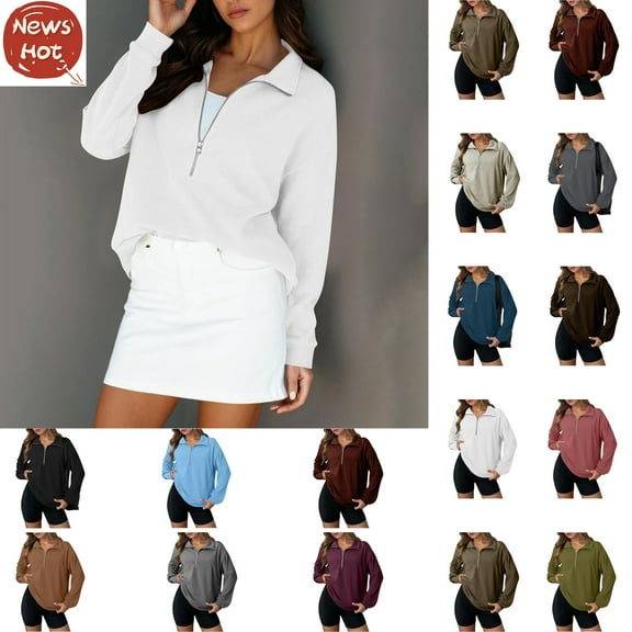 Under $10 Hoodies for Women, Ladies Long Sleeve Lapel Half Zipper Solid Color Pocket Temperament Top, White XXL