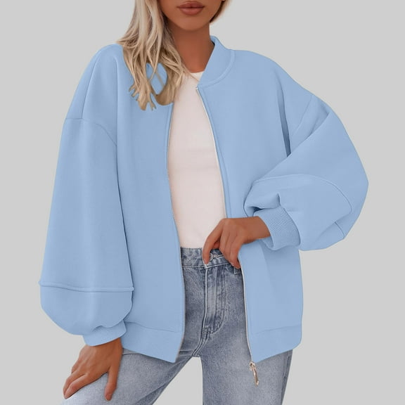 Under $10 Hoodies for Women, Women's Solid Color Double Pocket Long Sleeved Zipper Hoodless Stand-Up Collar Casual Outwear, Blue XXL