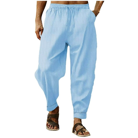 Under $10 Men's Cotton Linen Pants Solid Textured Harem Pants Casual Gauze Pants Lightweight Loose Beach Summer Fall Trousers