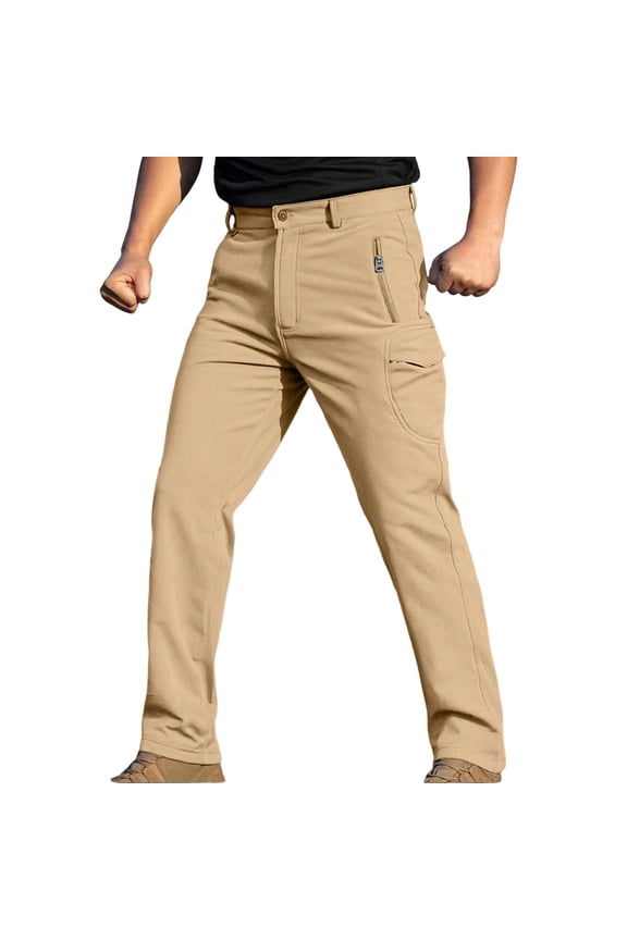 Under $10 Men's Snowpants Waterproof Insulated Fleece Lined Tactical Cargo Pants Winter Work Warm Outdoor Hiking Zipper Bottom Khaki XXXL