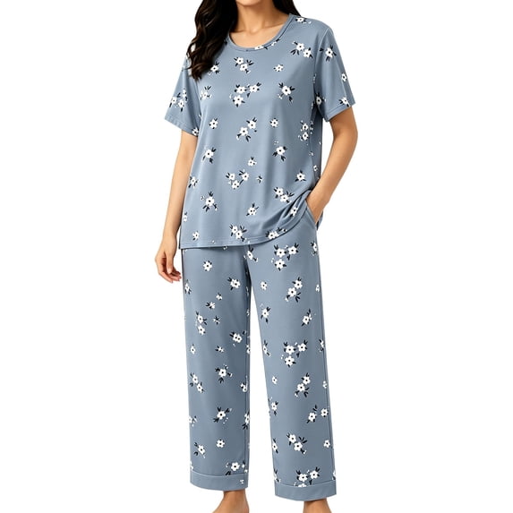 Under $10 Pajama Sets CNJKEHIUV Women's Cotton Pajama Set Short Sleeve Top & Pants 2-Piece Summer Sleepwear
