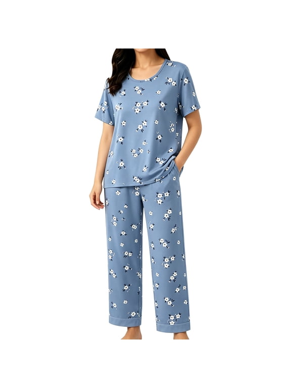Under $10 Pajama Sets CNJKEHIUV Women's Cotton Pajama Set Short Sleeve Top & Pants 2-Piece Summer Sleepwear
