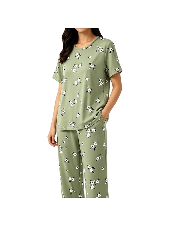 Under $10 Pajamas Set CNJKEHIUV Women's Cotton Pajama Set Short Sleeve Top & Pants 2-Piece Summer Sleepwear