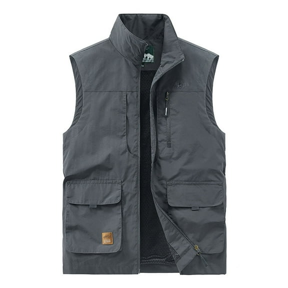 Under $10 RKSTN Men's Vest Utility Solid Color Sleeveless Work Vest Lightweight Sports Hiking Cargo Wicking Vest Outdoor Zip Up Multi Pockets