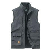 Under $10 RKSTN Mens Vest Utility Solid Color Sleeveless Work Vest Lightweight Sports Hiking Cargo Wicking Vest Outdoor Zip Up Multi Pockets