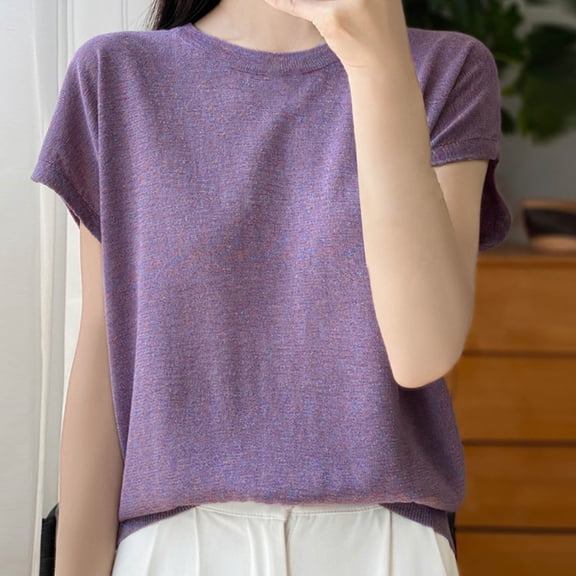 Under $10 Short Sleeve Tops for Women, Xunlbb Fashion Women's Casual Solid Color Knit Short Sleeve Round-Neck Blouses Shirts(Purple,M)