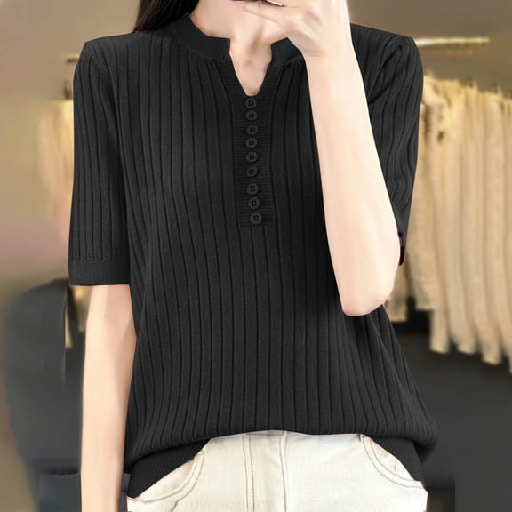 Under $10 Short Sleeve Tops for Women, Xunlbb Fashion Women's Casual Solid Color Knit Short Sleeve V-Neck Blouses Shirts(Black,M)