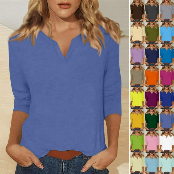 Under $10 Short Sleeve Tops for Women, Xunlbb Women's Solid Color 3/4 Sleeve Overlapping V-Neck Pullover Casual Fashion Tops(Blue1,S)