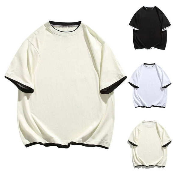 Under $10 Steals!Summer Fashion Plus Size Mens Shirts Solid Color Casual Fake Two Piece Short Sleeved Round Neck