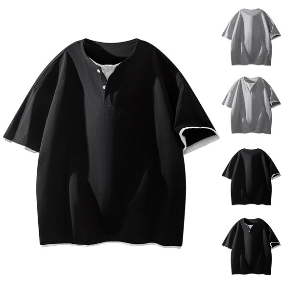 Under $10 Steals!Summer Fashion Plus Size Mens Shirts Solid Color Casual False Bilayer Round Neck Loose Short Sleeve