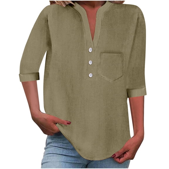 Under $10 Steals!Summer Fashion Plus Size Spring Tops for Women Solid Button V-Neck Loose Blouse With Pocket