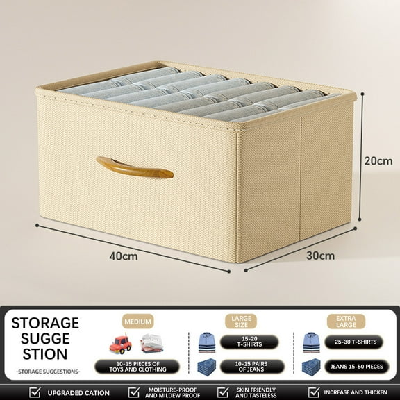 Under $10 Storage Bins, Hwkond Foldable Storage Box Clothes And Pants Storage Basket Wardrobe Wooden Handle Fabric Storage And Organization Box,Beige