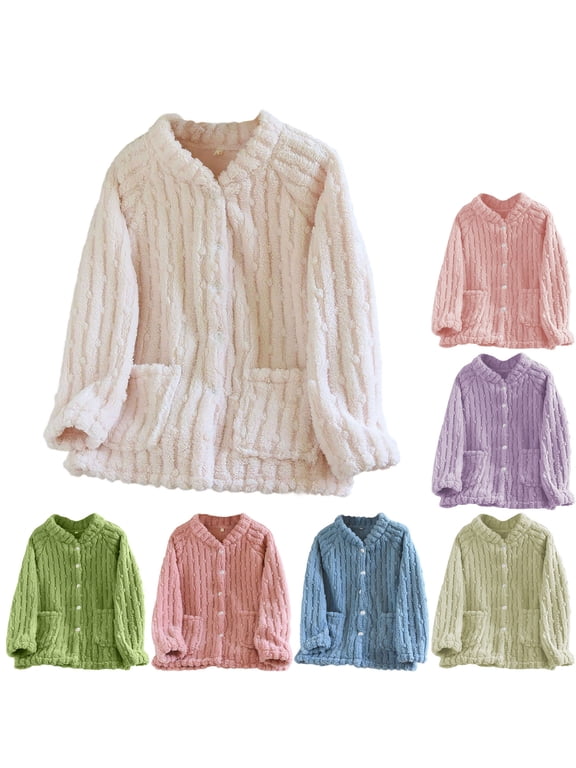 Fleece Pajama Top for Women Fuzzy Bed Jacket Button Down Long Sleeve with Pocket Solid Colid Soft Loungewewar Warm Comfy Sleepwear Loose Sleeping Jacket Nightwear