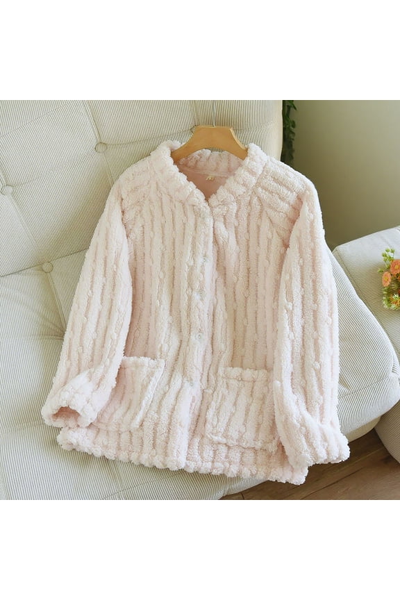 Fleece Pajama Top for Women Fuzzy Bed Jacket Button Down Long Sleeve with Pocket Solid Colid Soft Loungewewar Warm Comfy Sleepwear Loose Sleeping Jacket Nightwear