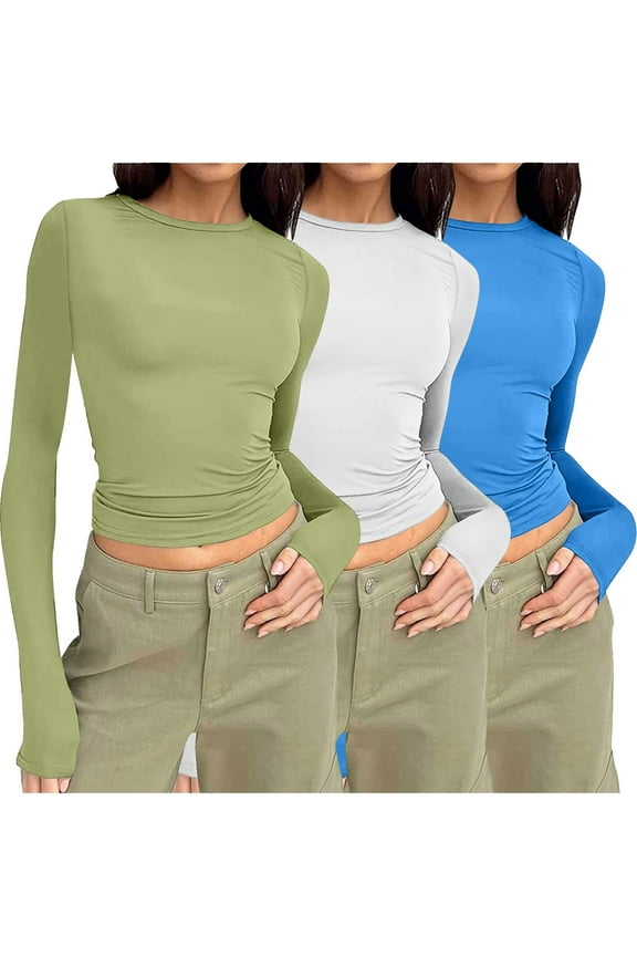 Women's 3 Pack Tops Long Sleeve Crew Neck Tops Solid Color Slim Ruch Side Tees Going Out Layering Tee Fashion Blouses Casual Fall Winter Comfy Shirts