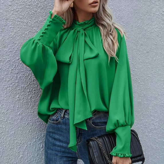 Teyfeniy Women's Bow Tie Neck Tops Silk Long Sleeve Buttton Cuff Blouse Pullover Losse Casual Office Work Blouse Solid Color Elegant Tops