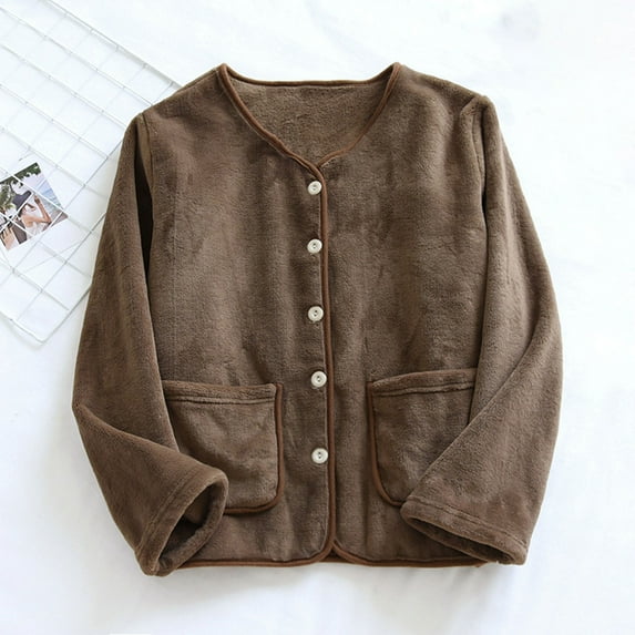 Teyfeniy Womens Fleece Pajama Top Bed Jacket Fuzzy Long Sleeve with Pocket Casual Sleepwear Solid Color Soft Comfy Sleeping Jacket Loungewear Fashion Stylish Nightwear