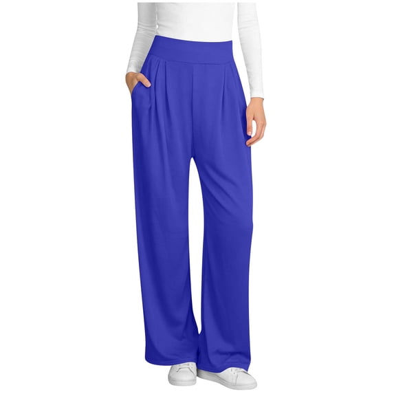 Under $10 Wide Leg Sweatpants Women High Waisted Sweatpant with Pockets Casual Lounge Trousers Elastic Waist Pull On Pants Blue XL