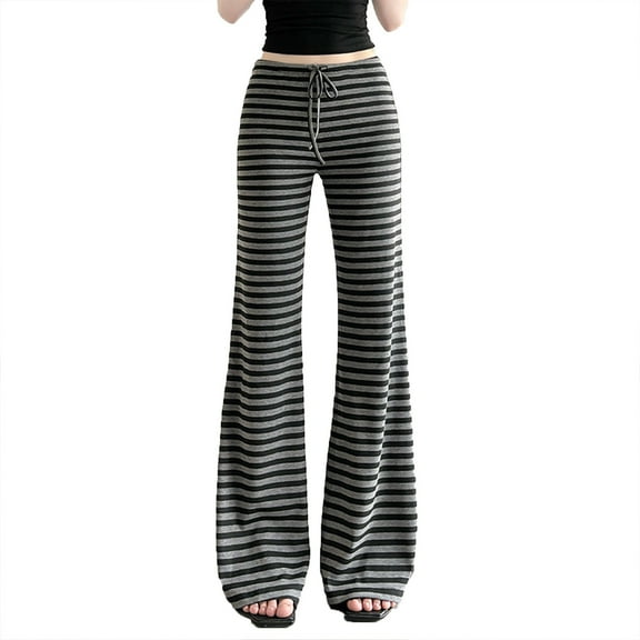 Under $10 Women Flare Pants Y2K Vintage Grunge Striped Bell Bottoms Low Rise Drawstring Waist Goth Punk Trousers Black L