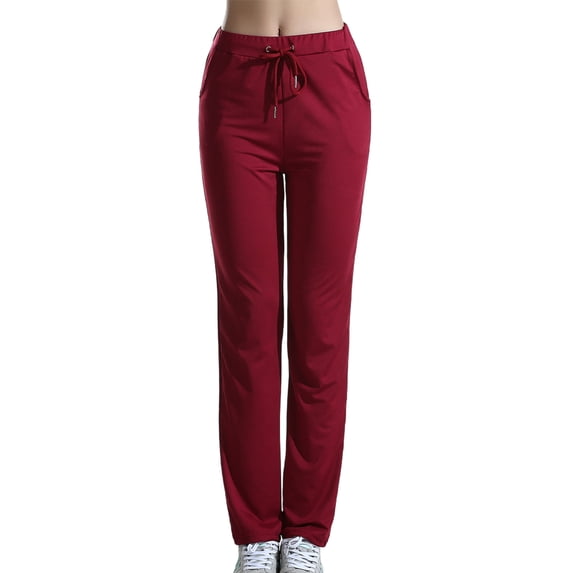 Under $10 Women Yoga Long Pants Casual Drawstring Waist Athletic Pants Slim Fit Stretch Straight Lounge Workout Jogger Leggings Wine M