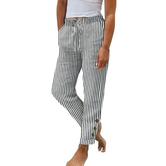Under $10 Women's Linen Pants Stripe Printed Waist Drawstring Side Button Straight Leg Trousers Summer Lounge Pants with Pocket