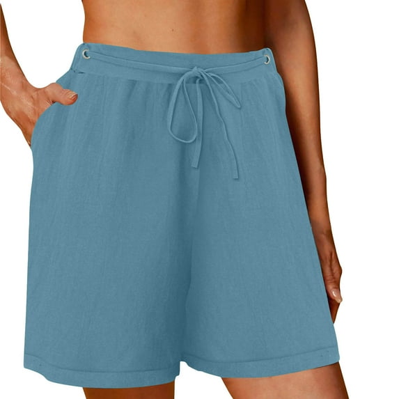Under $10 Women's Shorts, Xunlbb Women's Linen Shorts Solid Color Comfortable Elastic Wide Leg Casual Shorts