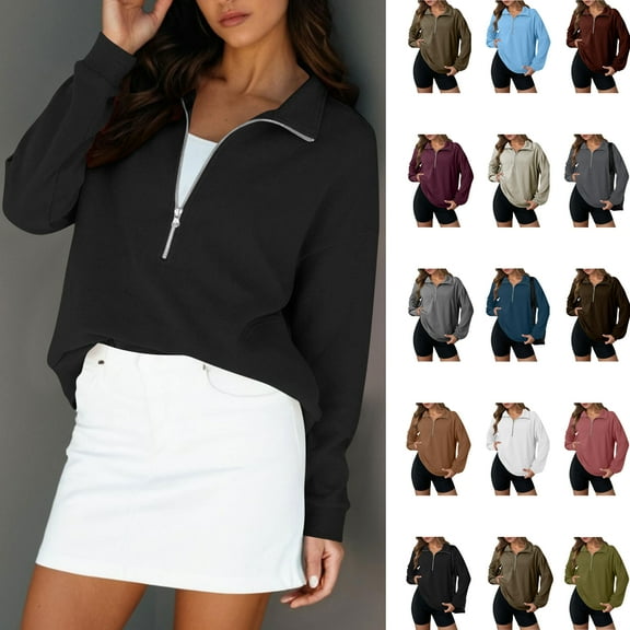 Under $10 Womens Sweatshirts, Ladies Long Sleeve Lapel Half Zipper Solid Color Pocket Temperament Top, Black S