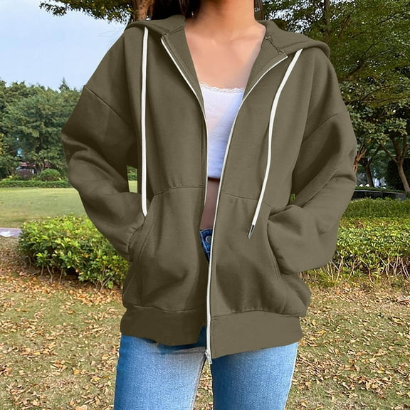 Under $10 Womens Sweatshirts, Women's Fashion Loose Long Sleeve Casual Blouses Zipper Pocket Hooded Weatshirt Top, Olive Green S