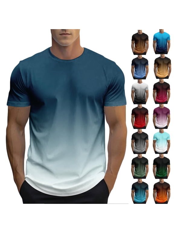 Under $10 Yteetum Mens T Shirts Gradient Summer Short Sleeve Round Neck Tee Casual Pullover Crewneck Sports Fitness Workout Tshirt Blouse