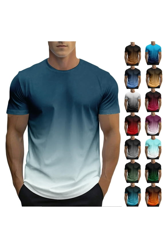 Under $10 Yteetum Mens T Shirts Gradient Summer Short Sleeve Round Neck Tee Casual Pullover Crewneck Sports Fitness Workout Tshirt Blouse