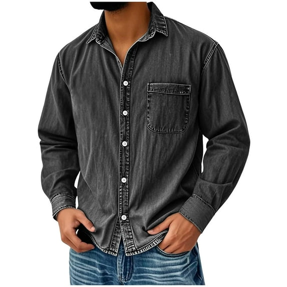 Under 10 dollars! Button Down Shirts for Men Cotton Vintage Casual Long Sleeve Shirt Plain Distressed Denim Fashion Party Loose Lapel Tees