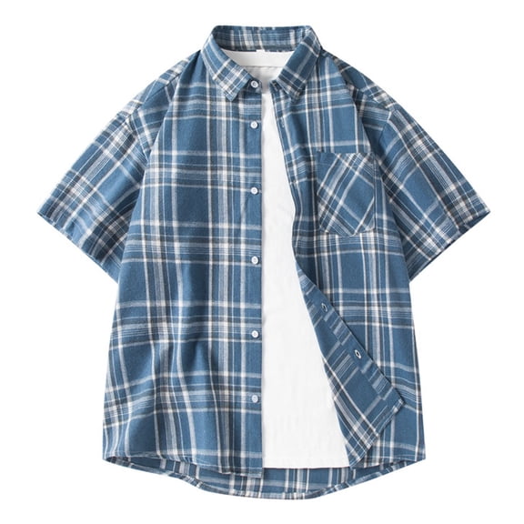 Under 10 dollars! Light Mature Leisure Checkered Versatile Lapel Men's Short Sleeved Shirt Casual Loose Breathable Top for Teenagers